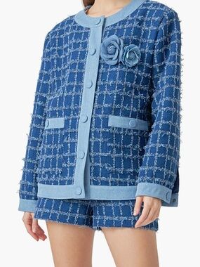 Endless Rose Light and Royal Blue Tweed Jacket with Floral Accent
